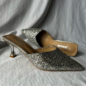 Glamorous Silver Glitter Sparkly Pointy Toe Slip On Mules Stiletto Heel